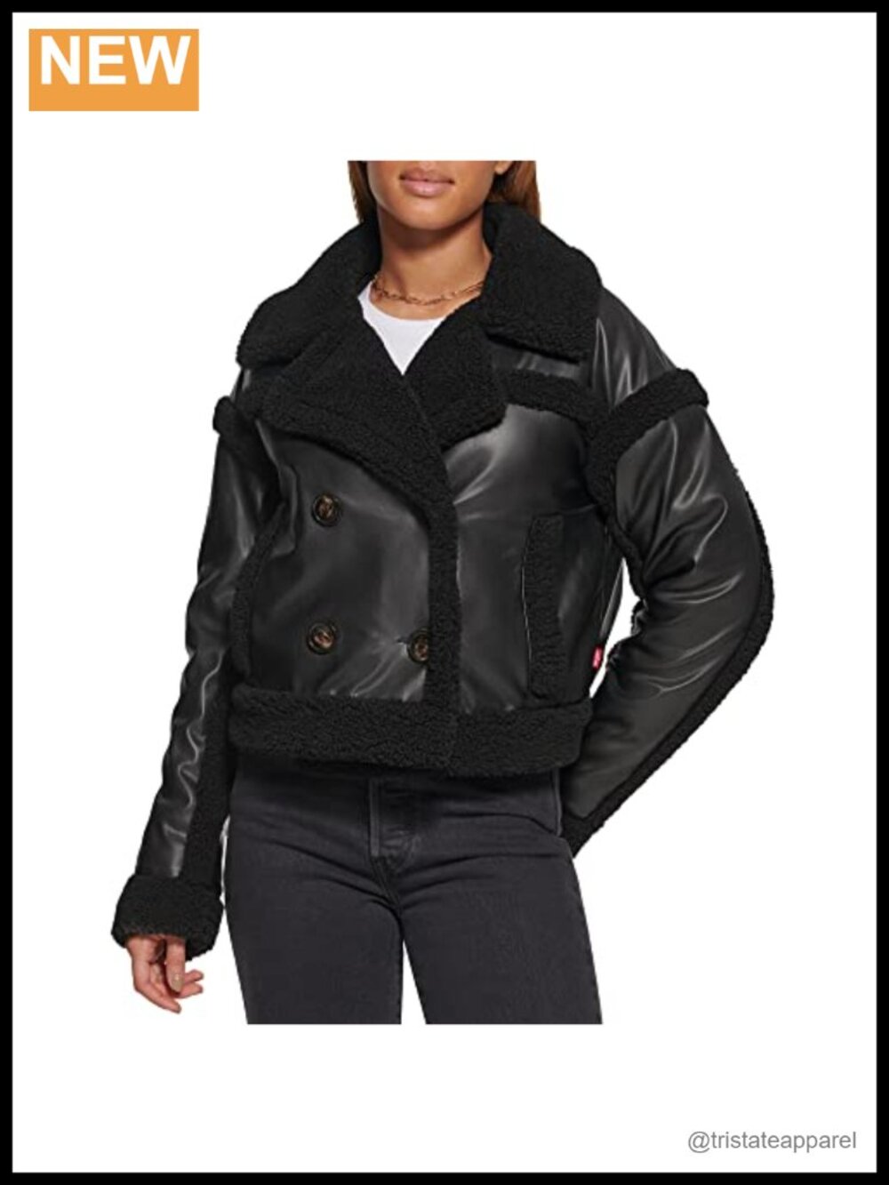 Vegan Leather Sherpa Lined Cropped Moto Jacket Button Front